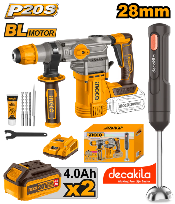 Ingco COSLI231001 20V Cordless Combo Kit - Rotary Hammer & Hand Blender, 4.5J Impact Energy, Dual 4.0Ah Batteries