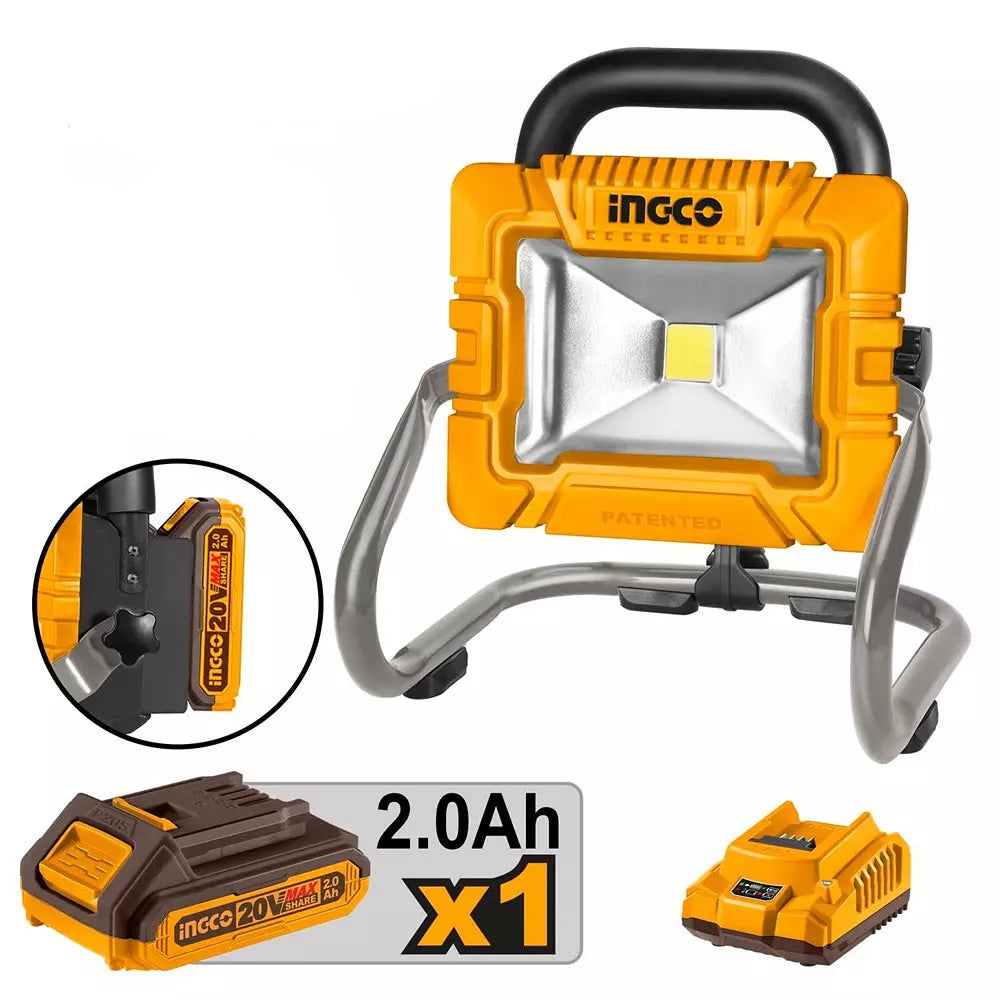 Ingco Cordless Portable Lamp 20 W LED Power Dissipaion and 20 V Lithium Ion Battery, CWLI20258