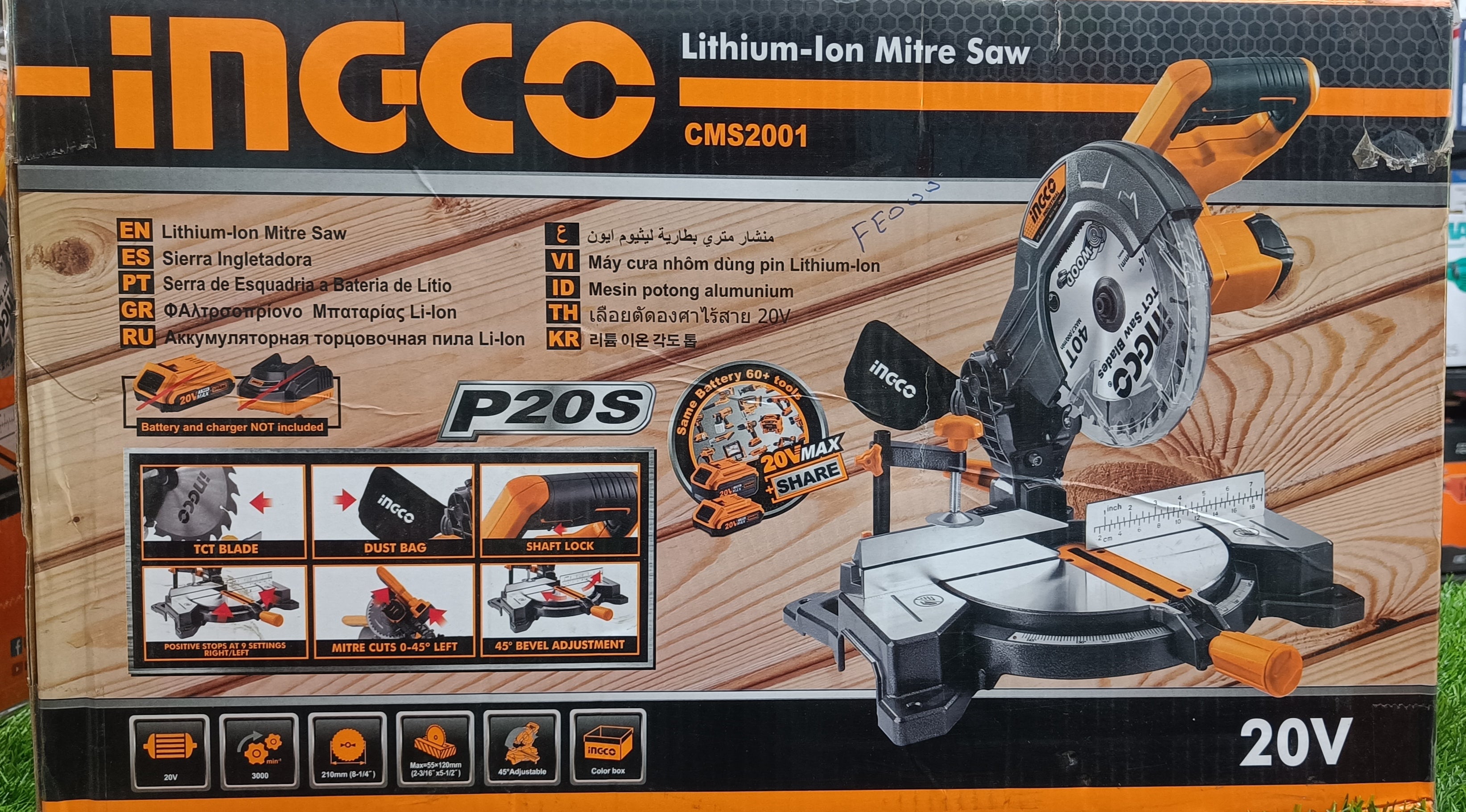 Ingco 20 V 3000 RPM Lithium-Ion Mitre Saw with 210 mm Blade Dia., CMS2001