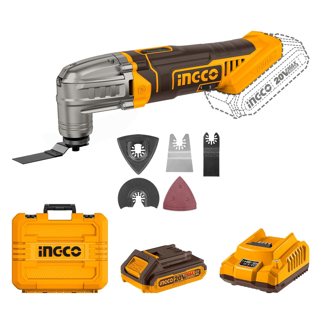 INGCO Oscillating Multi-Tool Kit - Cordless DIY With Battery, Charger, and 8 Accessories for Sanding, Grinding, Scratching, Polishing