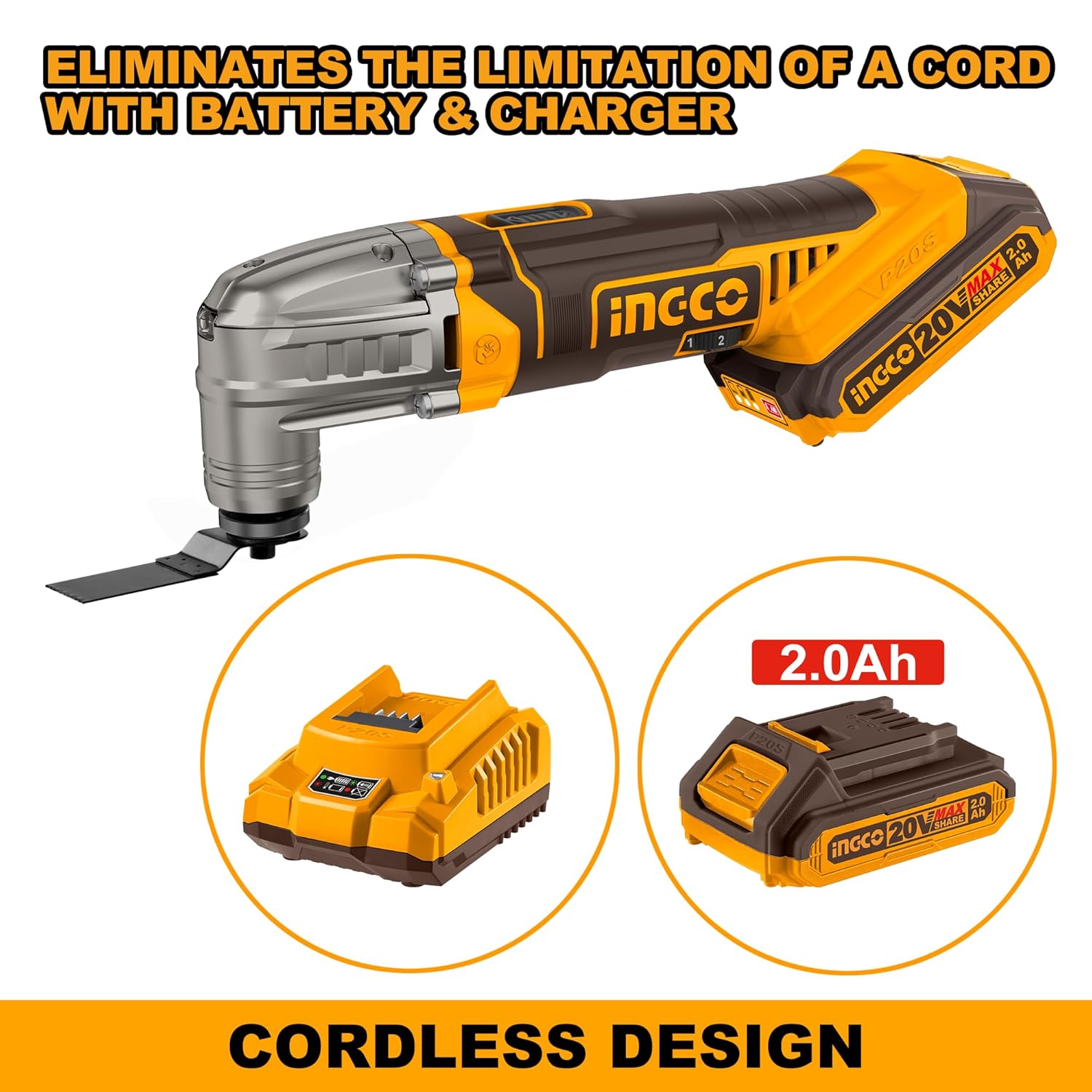 INGCO Oscillating Multi-Tool Kit - Cordless DIY With Battery, Charger, and 8 Accessories for Sanding, Grinding, Scratching, Polishing