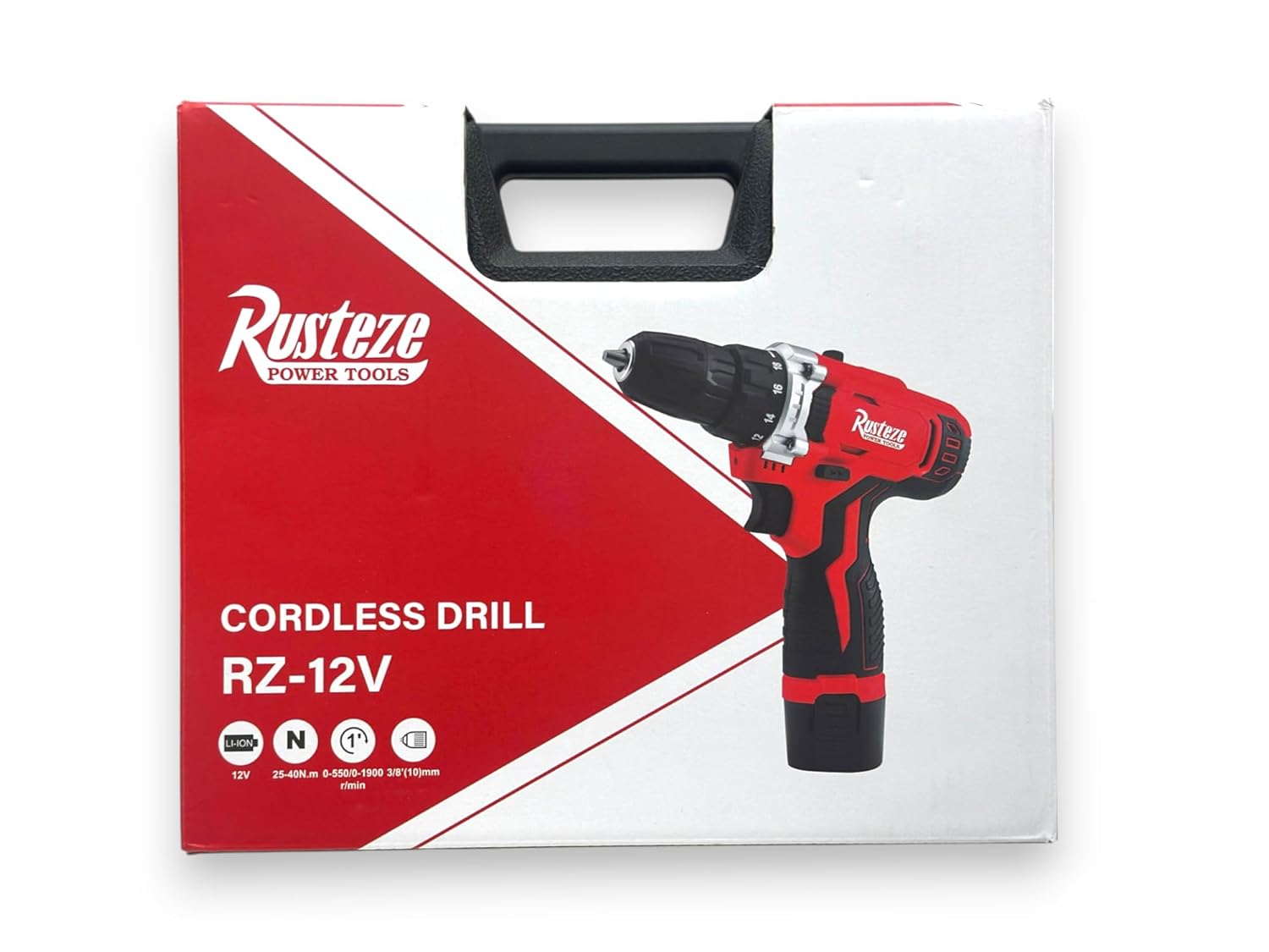 RUSTEZE Cordless Drill, 12V Li-ion, 2.0Ah Battery, 24-Piece Bit Set, 2-Speed, Red