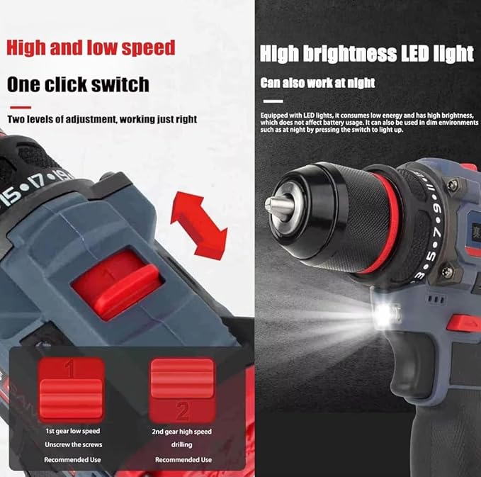 THOR 18V CORDLESS DRILL MACHINE Brushless Motor Heavy Duty | Dual Batteries | Metal Chuck 10Mm Keyless Chuck | 0-350/1150 RPM | 2 Speed - Torque 21+1NM