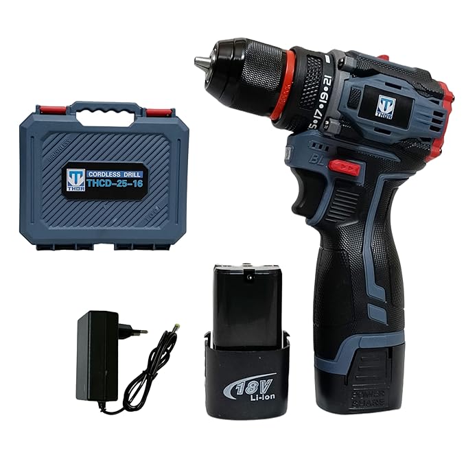 THOR 18V CORDLESS DRILL MACHINE Brushless Motor Heavy Duty | Dual Batteries | Metal Chuck 10Mm Keyless Chuck | 0-350/1150 RPM | 2 Speed - Torque 21+1NM